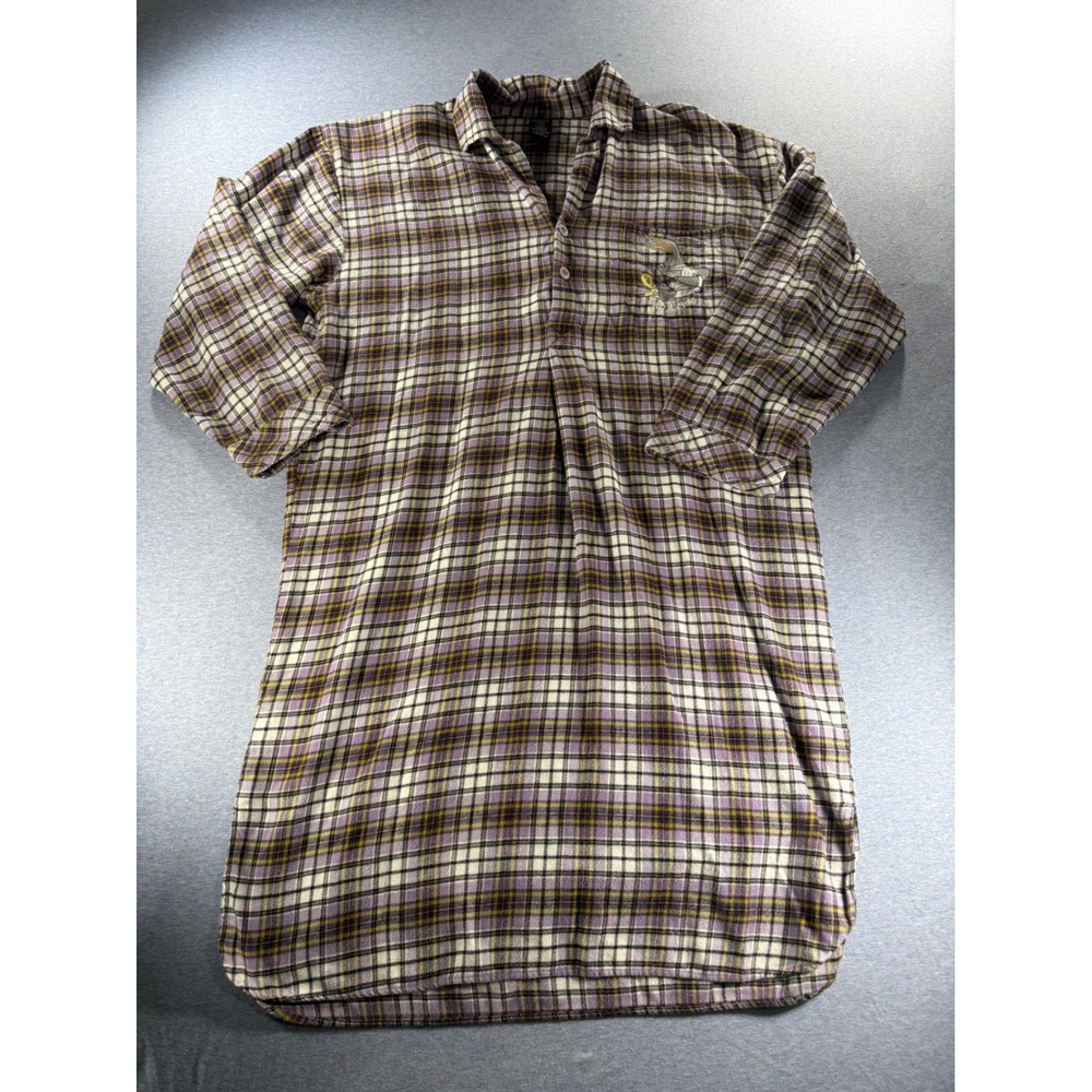 Vintage 1996 Warner Bros Looney Tunes Plaid Flannel Pullover Nightshirt M/L